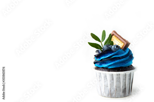 bright colored cupcake with blue cream on a white background. designer handmade