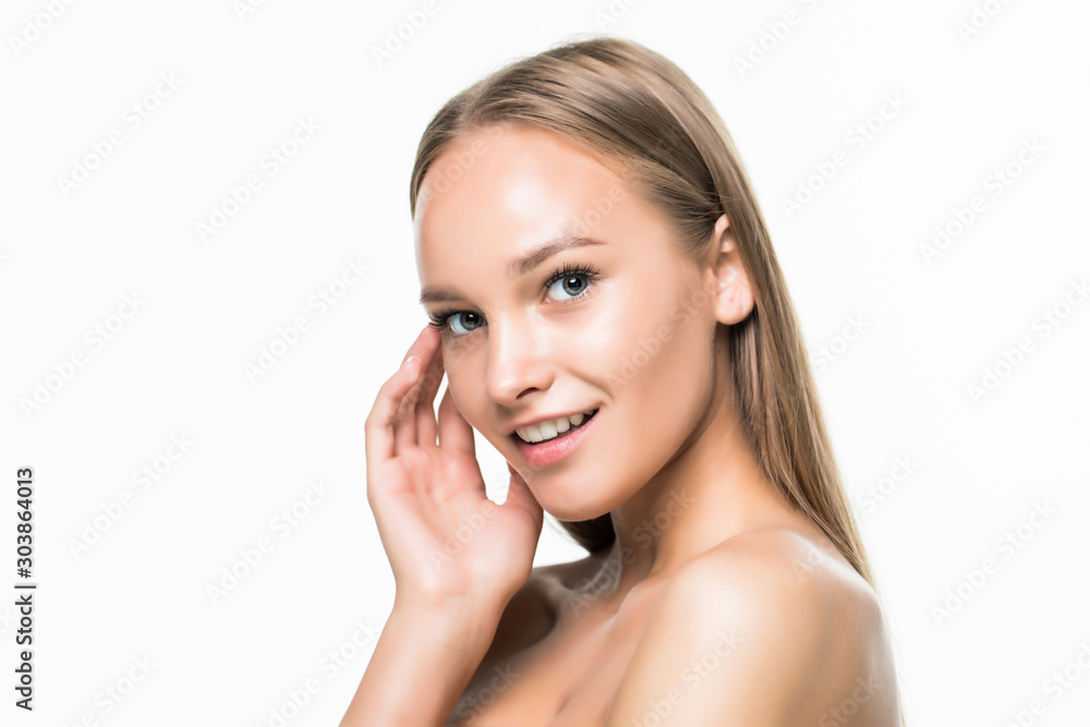 Young woman with beautiful healthy face isolated on white background