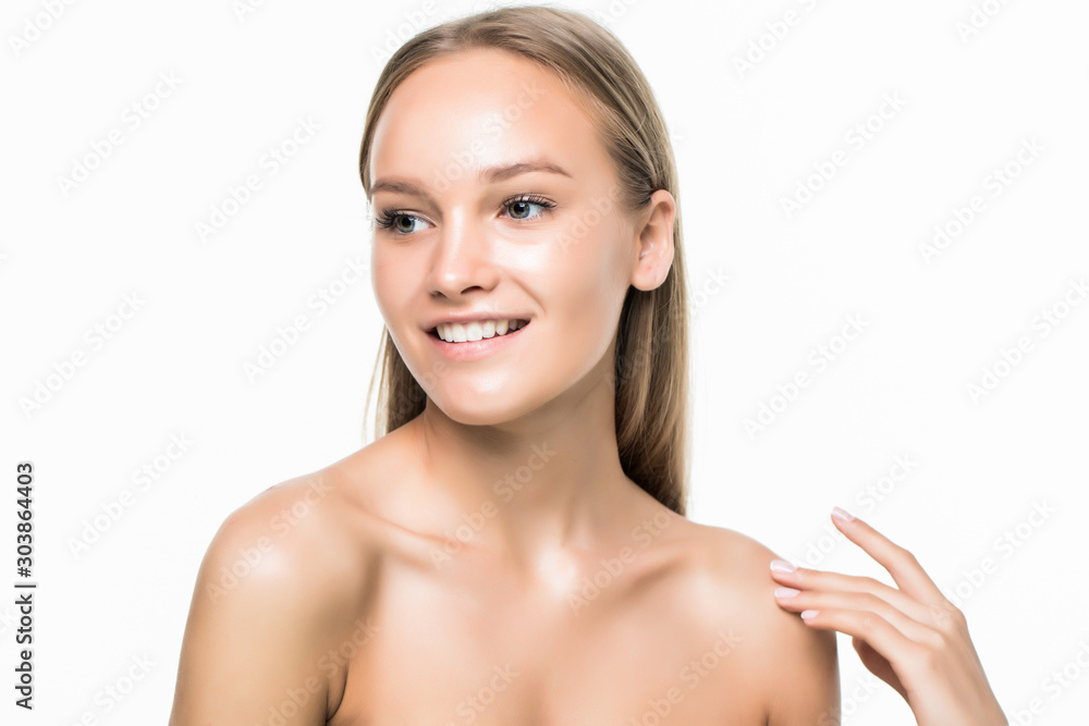 Beautiful face of young adult woman with clean fresh skin isolated on white background Beautiful face of young adult woman with clean fresh skin isolated on white background
