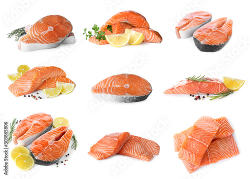 Set of fresh raw salmon on white background. Fish delicacy