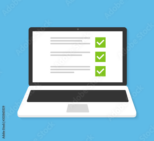 Laptop with checkbox screen. Flat icon vector