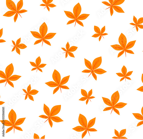 Pattern with chestnut tree leafs on white background. Autumn chestnut's leaves. Wrapping paper or fabric.