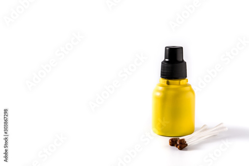 Medical iodine in a bottle and gauzes isolated on white background. Copy space 