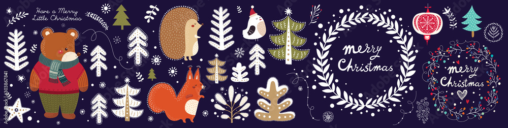 Christmas vector banner with cute bear, squirrel, hedgehog, bird and floral elements.