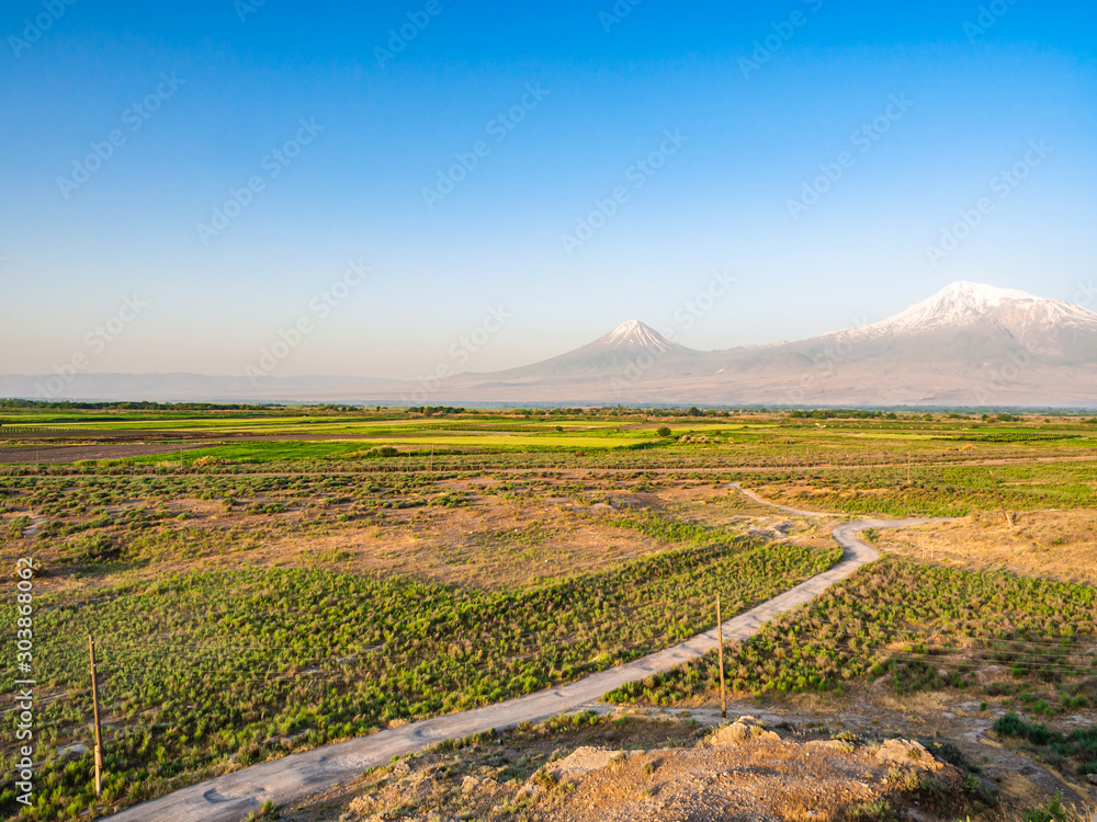 Obraz na plátně Beautiful Armenian landscape with mount Ararat on clear sunny morning