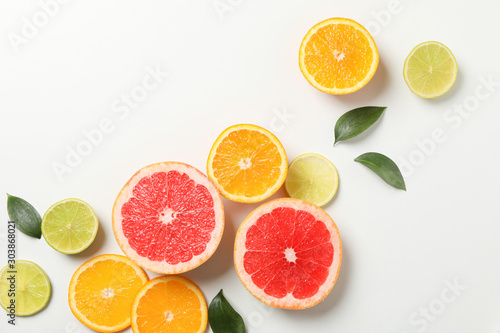 Murais de parede Flat lay with exotic fruits on white background, top view