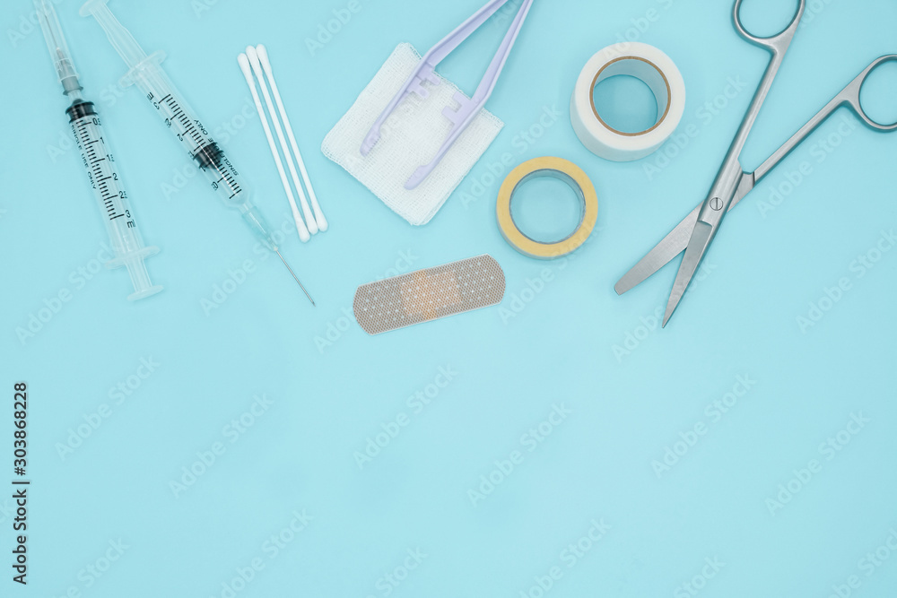 Flat lay of medical tools on light green background with copy space, medical and healthcare concept, Top view photo. Flat lay of medical tools on light green background with copy space, medical and healthcare concept, Top view photo.