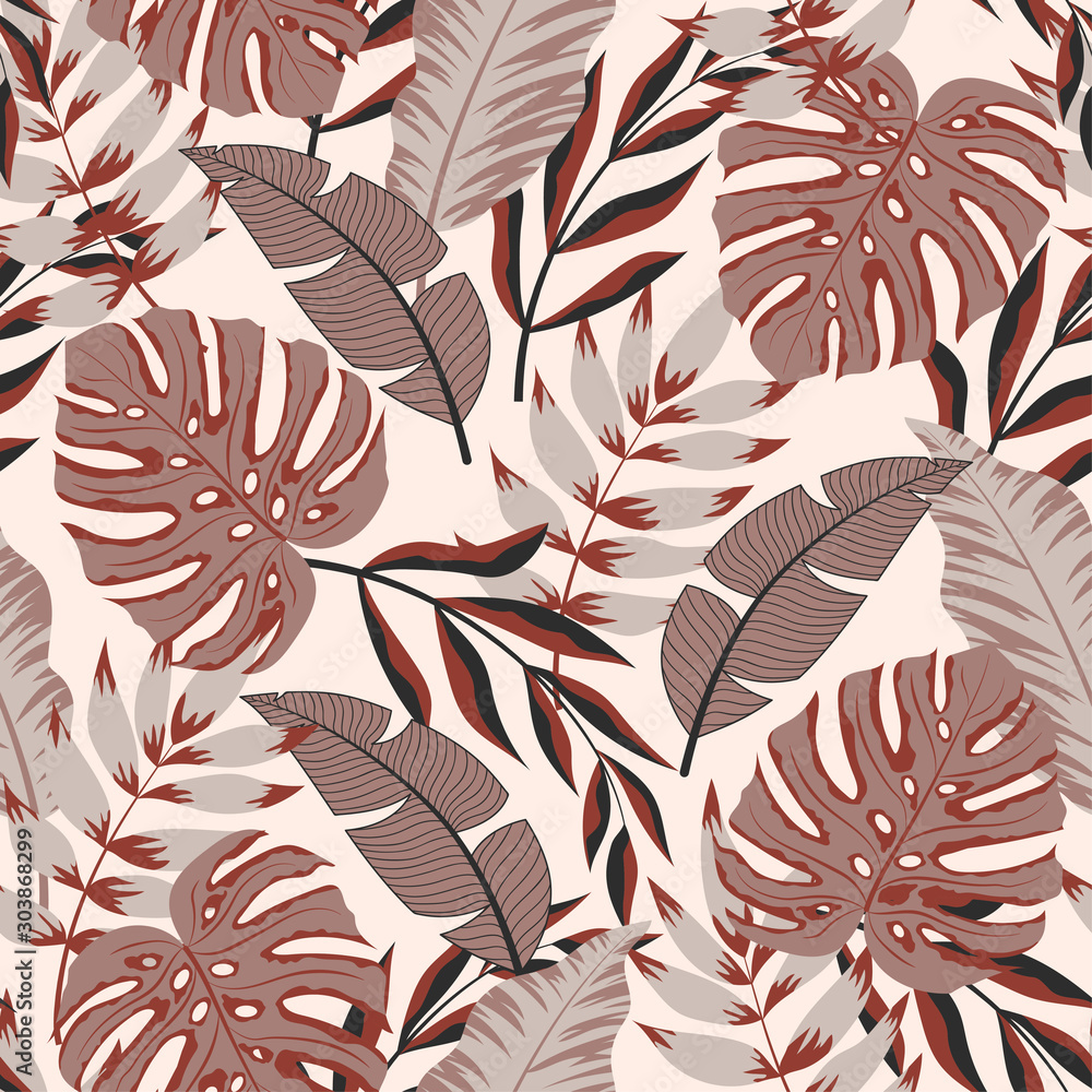 Obraz Trendy abstract seamless pattern with tropical leaves and bright flowers on a pastel background. Print of the jungle. Vector design. On a floral background. Textiles and printing. Exotic, tropical.