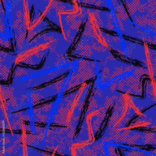 Abstract grunge seamless pattern. Urban art texture with neon lines, splashes