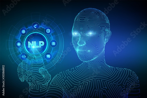 NLP. Natural language processing cognitive computing technology concept on virtual screen. Natural language scince concept. Wireframed cyborg hand touching digital interface. Vector illustration. photo