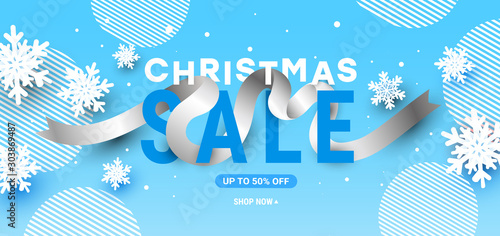 Christmas, new year, winter sale banner with 3d air snowflakes and sale text on a blue background. Horizontal poster, header website, card, voucher
