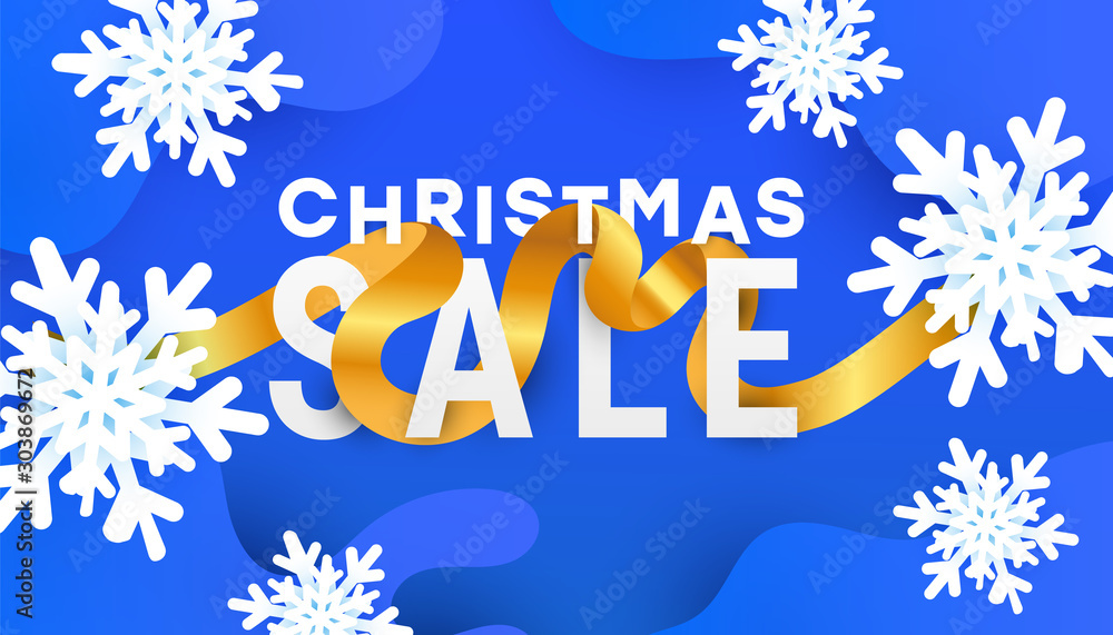 Φωτογραφία Christmas, new year, winter sale banner with 3d air snowflakes, gold ribbon and