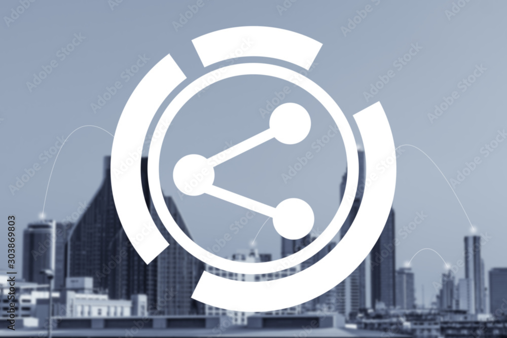 The sharing white icon with modern city background,connection business concept. The sharing white icon with modern city background,connection business concept.