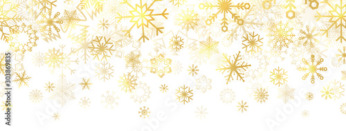 Gold snowflakes on white background. Golden snowflakes border with different ornaments. Luxury Christmas banner. Winter ornament for packaging, cards, invitations. Vector illustration