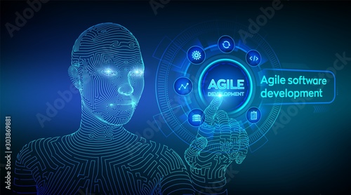 Agile software development methodology concept on virtual screen. Digital technology, big data concept. Flexible developing process. Wireframed cyborg hand touching digital interface. Vector. EPS 10.