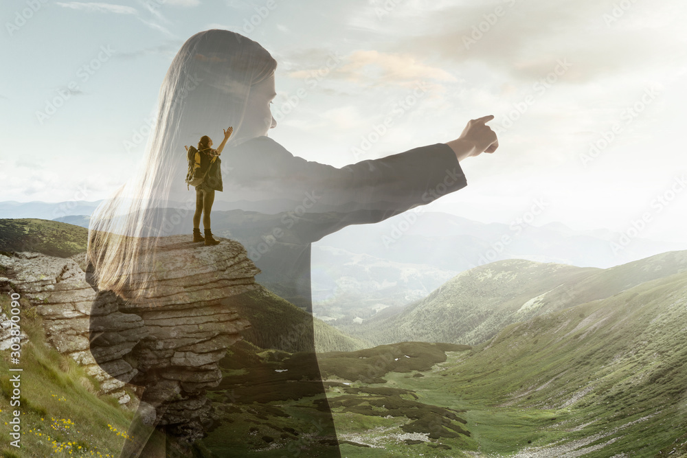 Φωτογραφία Silhouette of businesswoman with landscapes on background, double exposure