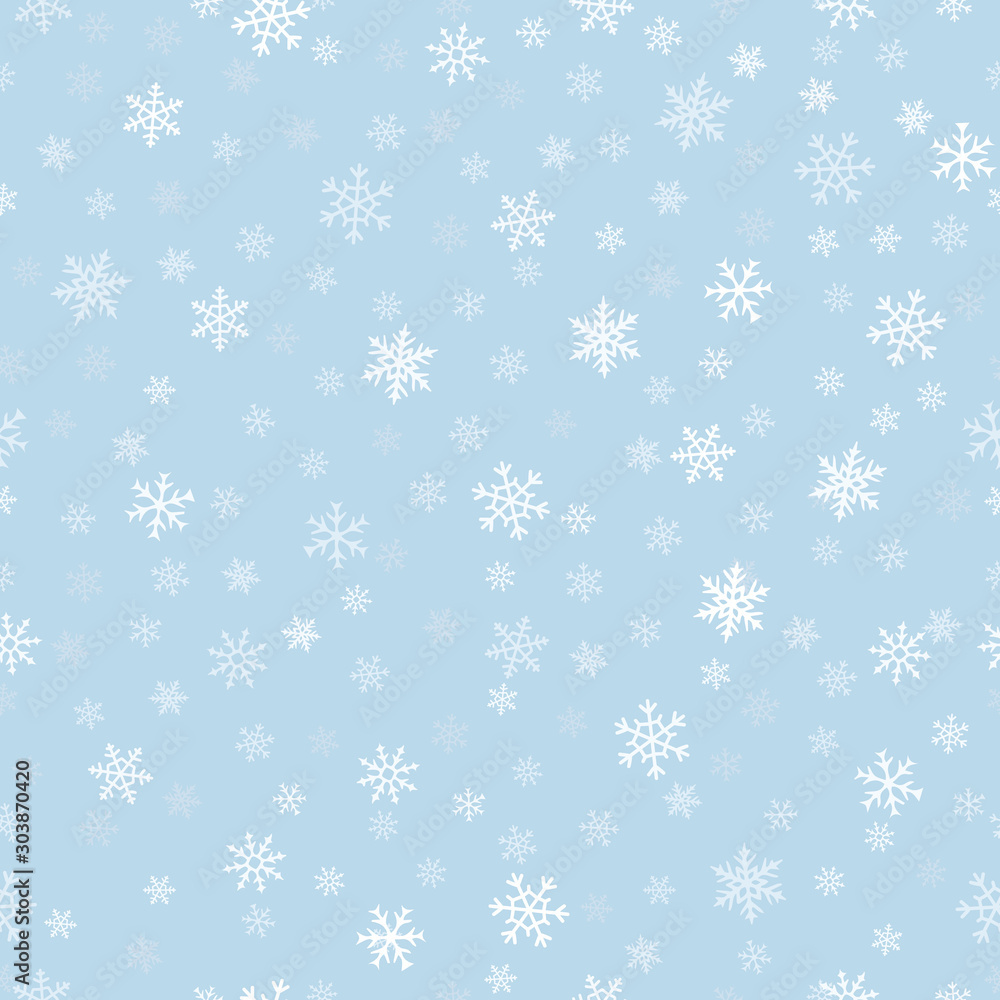Snowflakes seamless pattern. Subtle vector background with small hand drawn white snowflakes on blue backdrop. Winter holidays theme, Christmas and New Year texture. Elegant repeat decorative design