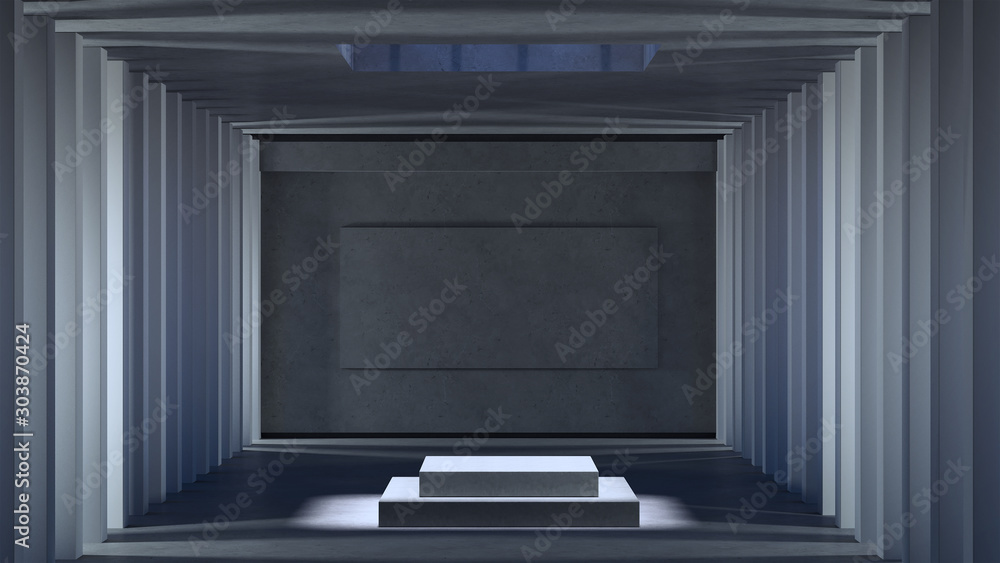3D rendering minimalist room with sun lighting and long shadows. Abstract stage in center. 3D rendering minimalist room with sun lighting and long shadows. Abstract stage in center.