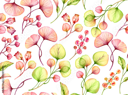 Watercolor seamless pattern with colourful leaves. Hand drawn floral illustration with pink berries for wedding design  surface  textile  wallpaper