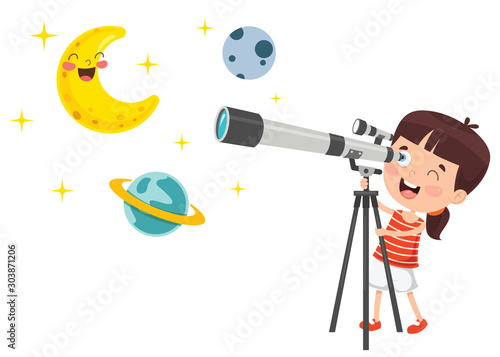 Kid Using Telescope For Astronomical Research