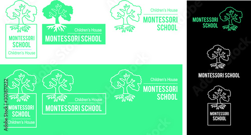 Logo Montessori School Childrens House. Branding  Corporate identity for brands. Tree vector linear design in green white colors