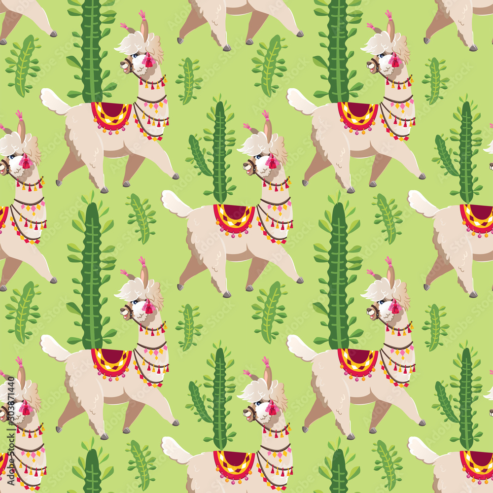 Illustration with alpaca and cactus plants. Vector seamless pattern on green background. Llama.