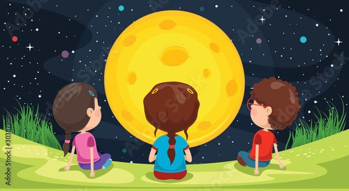 Kids Playing Outside At Moony Night