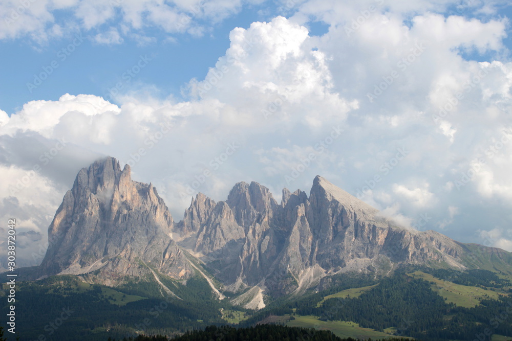 Ortisei Val Gardena, view of the Alpe Siusi with the massif of the Sasso Lungo