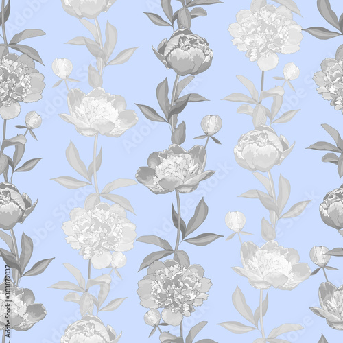 Vector floral seamless pattern with monochrome black and white flowers Peonies and leaves on blue background. Hand drawn. Vintage style. For your design, textile, wallpapers, print, greeting.