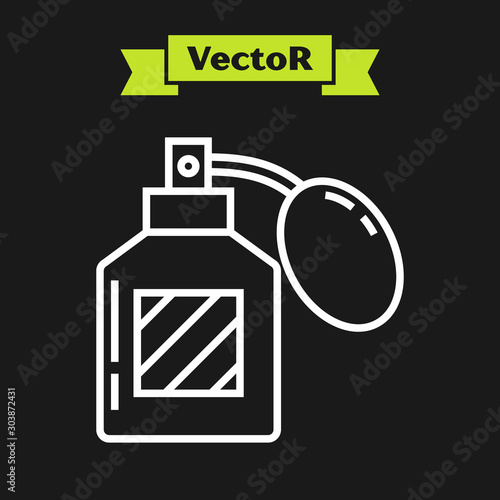 White line Aftershave icon isolated on black background. Cologne spray icon. Male perfume bottle. Vector Illustration