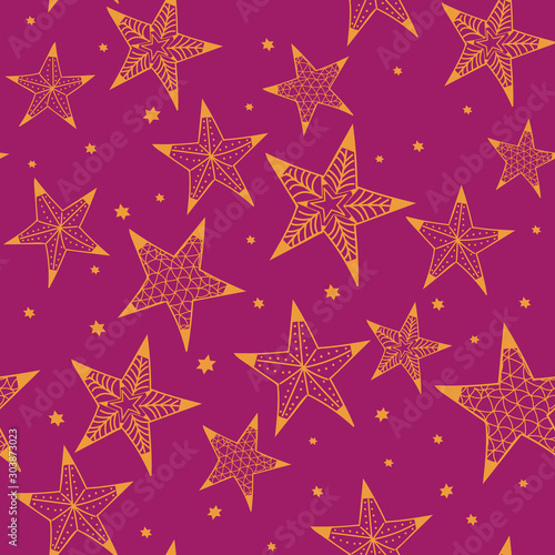 Vector bohemian christmas golden stars, purple background seamless repeat pattern. Perfect for fabric, scrapbooking, wallpaper
