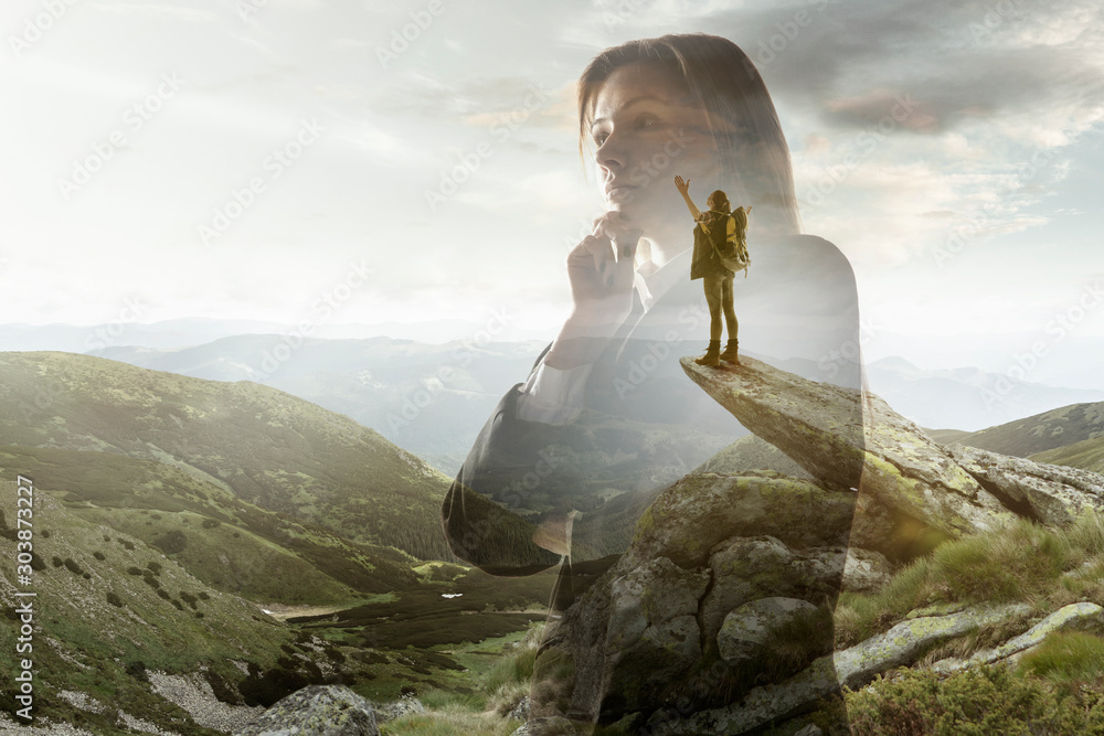 Φωτογραφία Silhouette of businesswoman with landscapes on background, double exposure