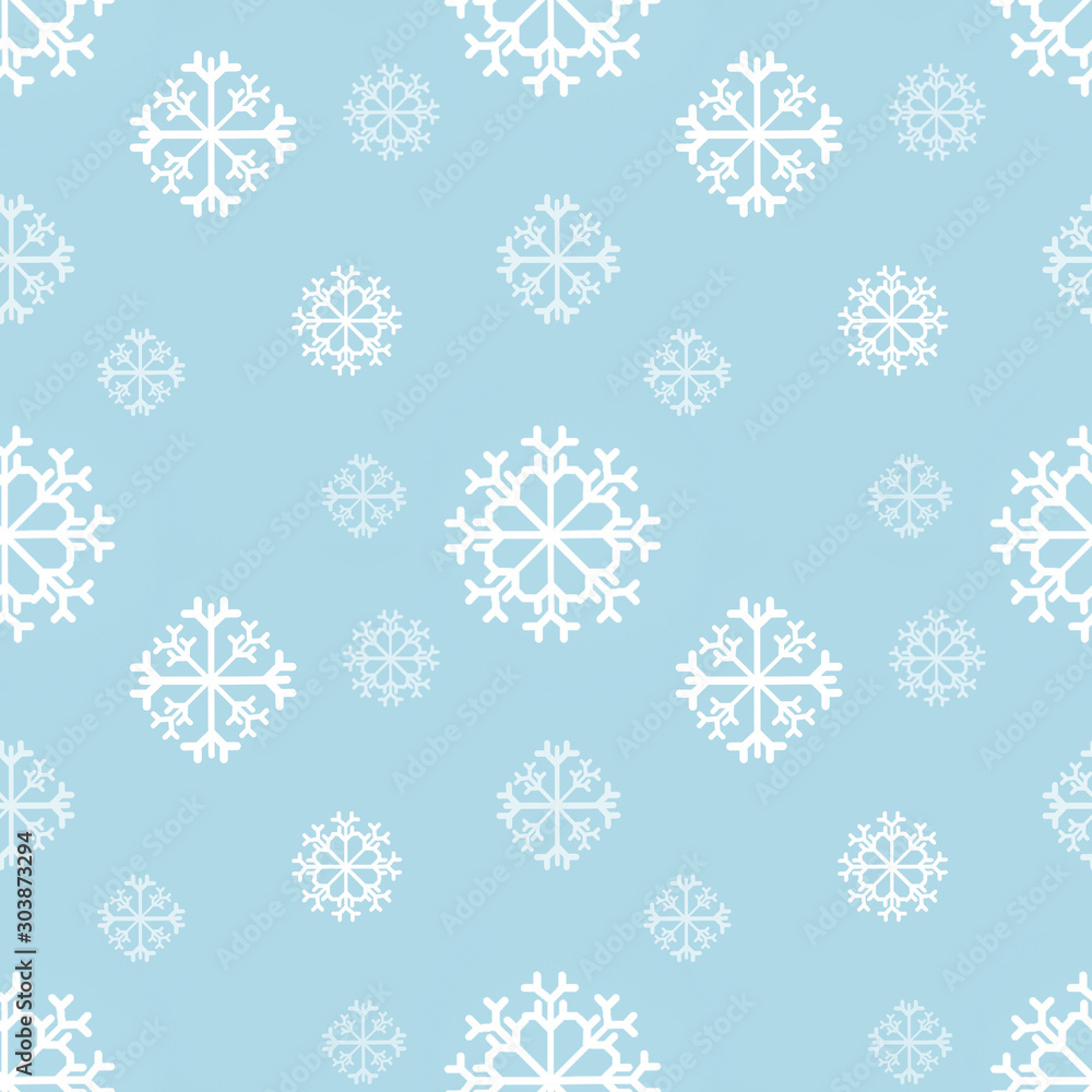 Seamless repeating pattern of white snowflakes on blue background. Perfect for print, gift wrapping paper, card, wallpaper, banner, tiles and other purposes. Seamless repeating pattern of white snowflakes on blue background. Perfect for print, gift wrapping paper, card, wallpaper, banner, tiles and other purposes.