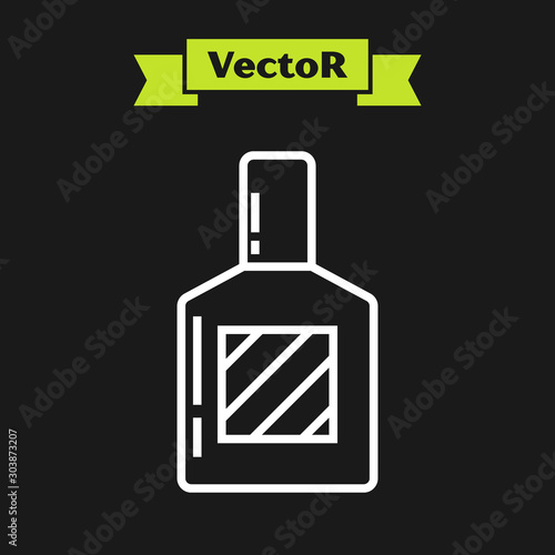 White line Aftershave icon isolated on black background. Cologne spray icon. Male perfume bottle. Vector Illustration