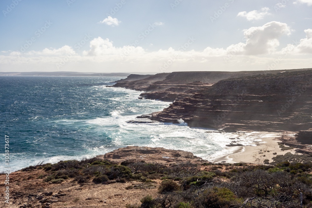 Beautiful sandy beach at Pot Alley in Kalbarri National Park in Western Australia viewed from Eagle Gorge