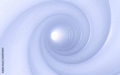 Abstract white and blue twisted corridor spiral 3d render illustration