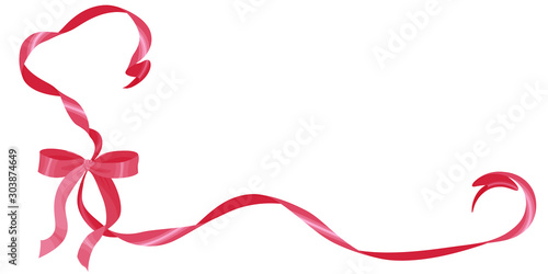 Red bow with a ribbon at the bottom left. Template for greeting card, invitation for an anniversary, a wedding. Vector image of a bow with ribbons. Isolated on white background.