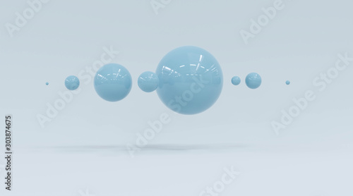 Abstract cyan blue spheres with glossy surface, on white matte background 3d illustration render