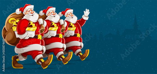 Christmas holiday. Santa Clauses in row group parade with full sacks of christmas gifts walking, waving and smiling. Isolated on gray background. Vector illustration.