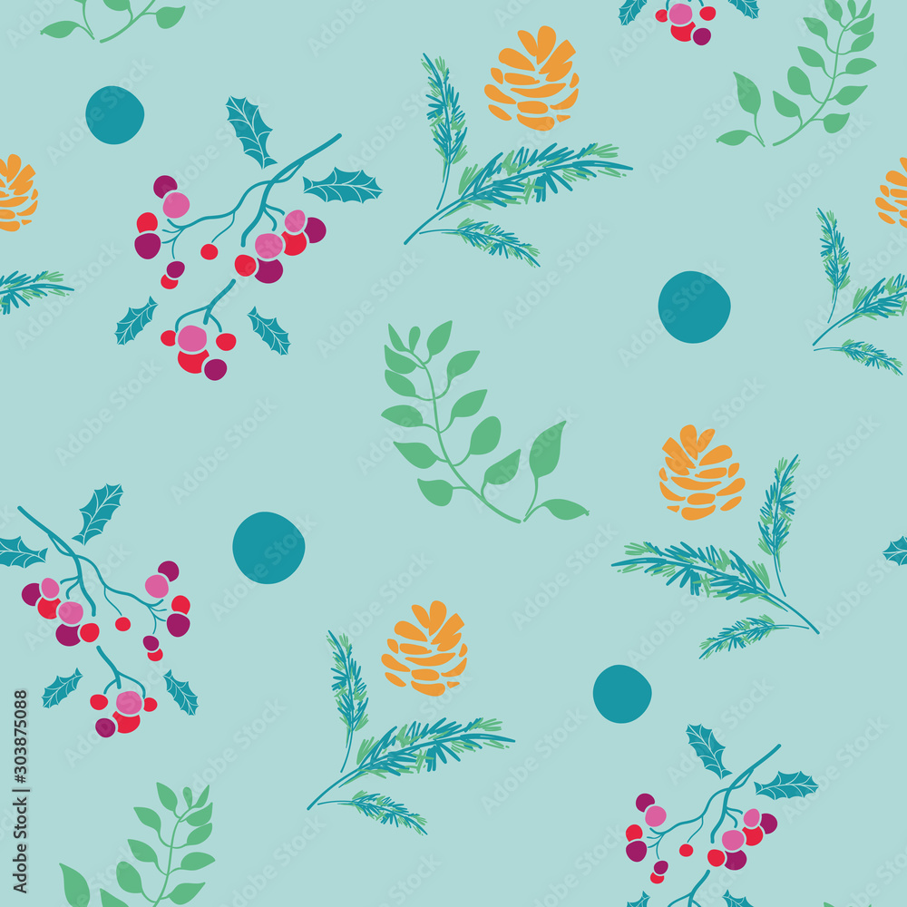 Vector bohemian christmas turquoise balls, branches, green leaves, pink berry, golden pine cone seamless repeat pattern