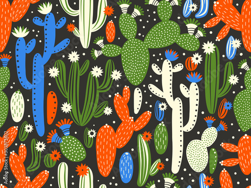 Vector seamless pattern with cactus on black background. Summer plants, flowers and leaves. Natural floral bright design. Botanical illustration.