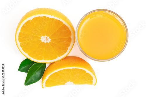 Glass of fresh orange juice with fruits sliced and green leaf isolated on white background, top view, flat lay
