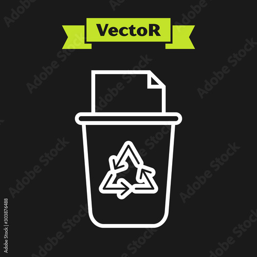 White line Recycle bin with recycle symbol icon isolated on black background. Trash can icon. Garbage bin sign. Recycle basket sign. Vector Illustration