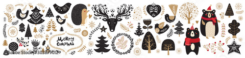 Vector Christmas illustration with  floral ornament and cute animals