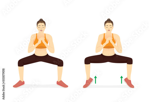 Woman doing Sumo Squat With Calf Raises in 2 step. Illustration about workout diagram of fat leg reduction.