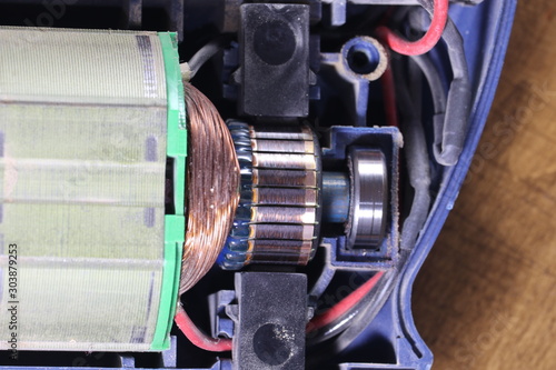 Electric motor with carbon brushes and commutator. Electric machine inside. photo