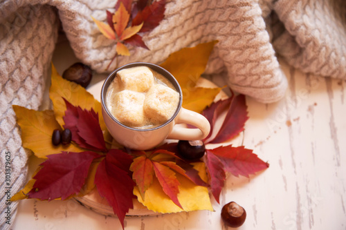 coffee with marshmallows and colorful autumn leaves