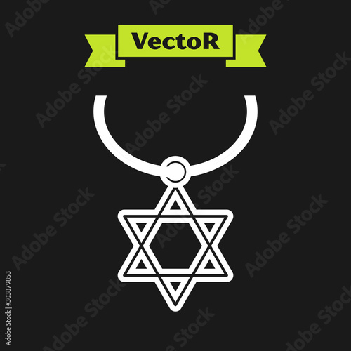 White line Star of David necklace on chain icon isolated on black background. Jewish religion symbol. Symbol of Israel. Jewellery and accessory. Vector Illustration