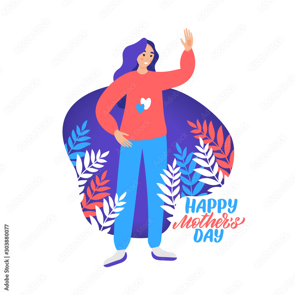 Happy mother's day lettering. Young mom with decorative leaves..Flat graphic illustration for greeting cards, covers, posters..Hand drawn vector calligraphy.