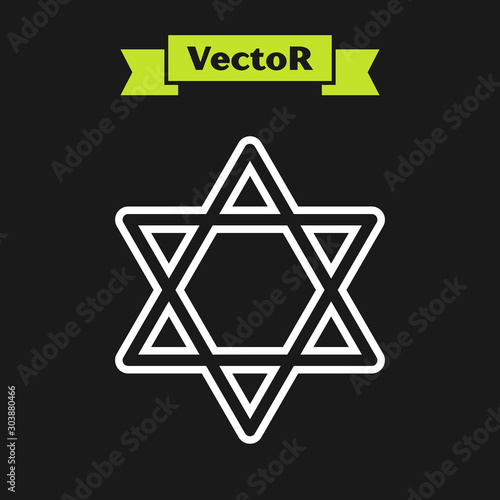 White line Star of David icon isolated on black background. Jewish religion symbol. Symbol of Israel. Vector Illustration